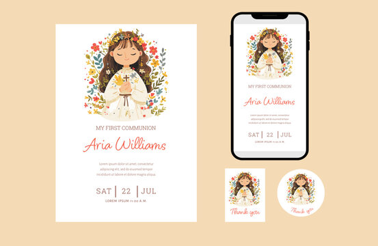 First Communion Invitation Set for Girl with Floral Wreath &ndash; Thank You Card and Mobile Version Included