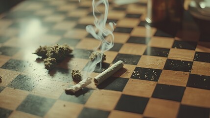 A close-up image of a chessboard surface scattered with cannabis buds and ground marijuana.