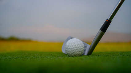 Golf clubs and balls on a green lawn in a beautiful golf course with morning sunshine.