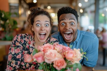 Obraz premium Happy Couple Surprised by Flowers