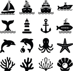Fototapeta premium Water Activities & Marine Life Icons Ocean Adventure Shark, Octopus, Lighthouse Graphics
