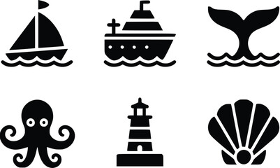 Water Activities & Marine Life Icons Ocean Adventure Shark, Octopus, Lighthouse Graphics