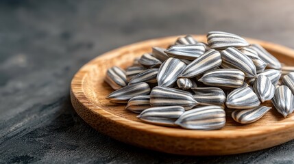 Neatly Arranged Close-Up of Sunflower Seeds on Wooden Plate with Soft Background