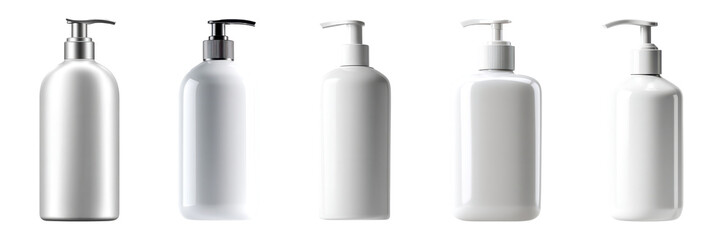 Five White Pump Bottles Mockup for Soap Lotion Shampoo and More