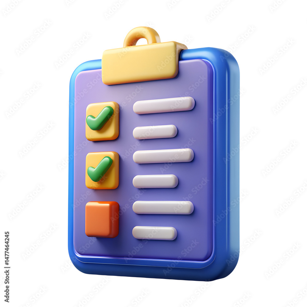 Poster colorful 3d rendering icon of a checklist with green checkmarks and blank spaces representing tasks 