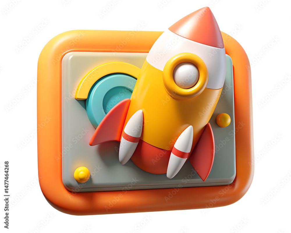 Poster Colorful 3d rendering icon of a rocket ship ready for launch inside a playful orange rectangular design