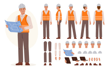 Civil engineer wearing hard hat holding construction project drawing. Character constructor for animation. Front, side and back view set. Body parts, postures, poses collection. Vector illustration.