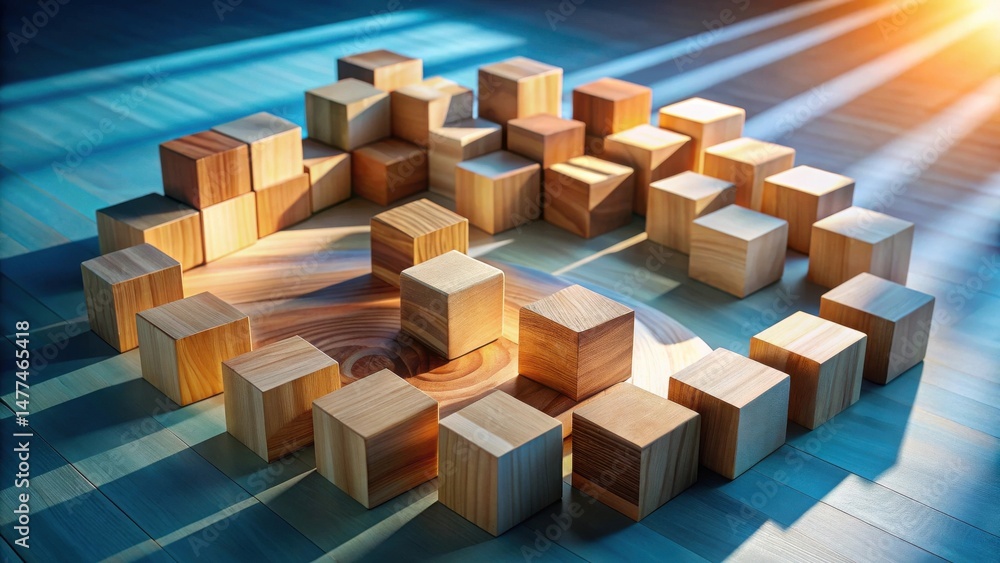 Leinwandbilder Wooden Cubes Arranged in a Complex Pattern on a Polished Wooden Surface, Illuminated by a Bright Light Source