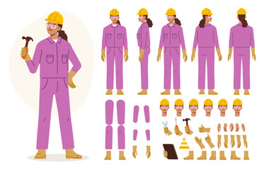 Technician worker wearing overall uniform, protective goggle holding hammer tool. Character for animation. Front, side and back view set. Body parts, postures, poses collection. Vector illustration.