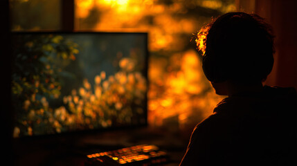 Teen gamer plays video games wearing a headset enjoying, illuminated by bright screen and tender...