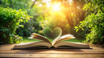 Open book forming a heart shape, sunlight through leaves, tranquil outdoor setting