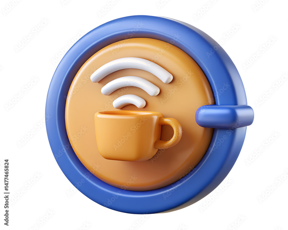 Poster modern 3d rendering icon of a coffee cup with a wifi symbol, representing connectivity and digital c