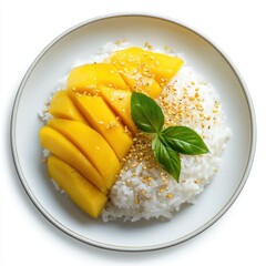 Delicious mango with sticky rice dessert dish.