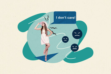 Image collage of person posing on yellow background with angry face saying i dont care