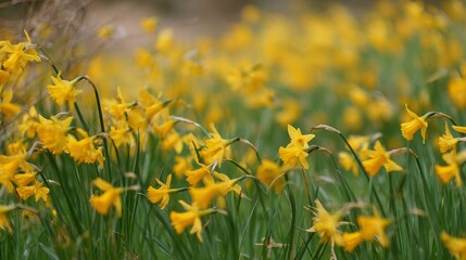 Obraz premium Field of vibrant yellow daffodils blooming in springtime, gently swaying in the breeze under natural sunlight. Seasonal floral landscape concept with fresh colors, nature beauty, peaceful countryside