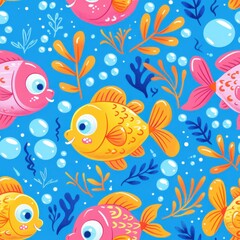 seamless pattern of underwater scene, happy cartoon fish, bubbles, and sea plants, cute doodle style