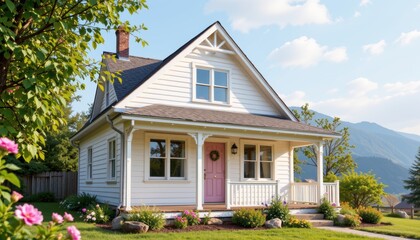 Gutter drainage system concept. Charming white house with pink door amidst greenery and mountains.