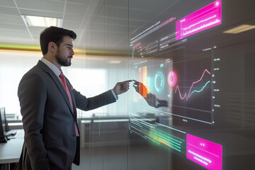 Business Professional Using Interactive Data Interface In Modern Office