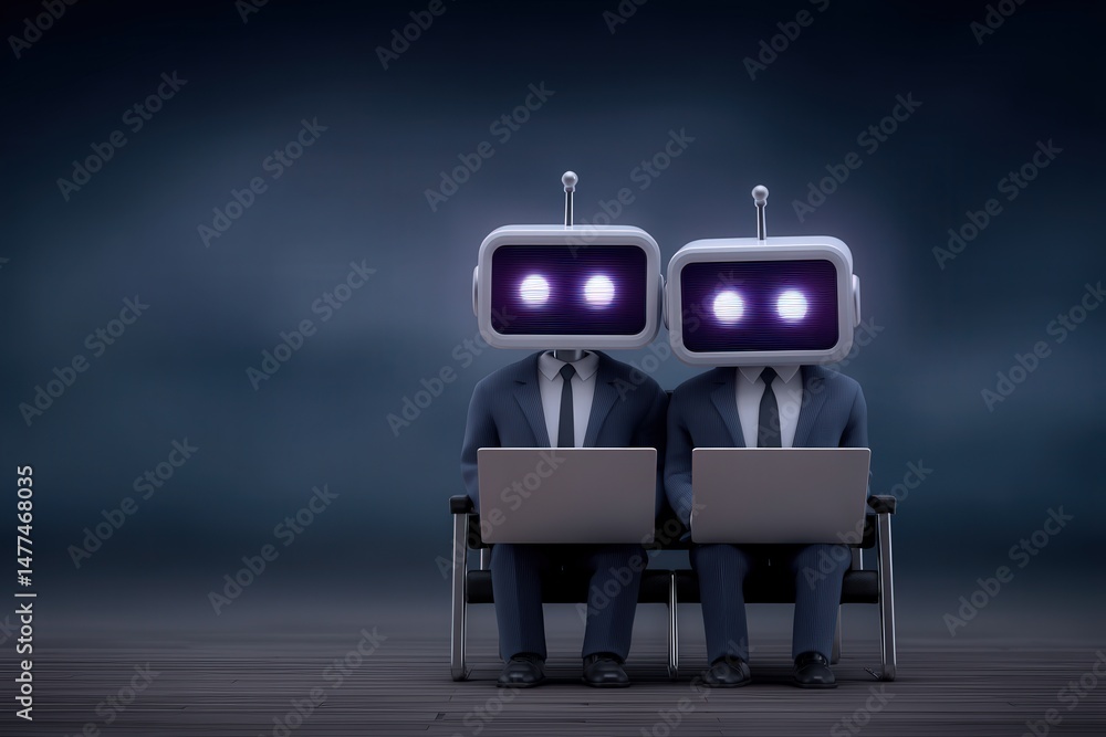 Poster two humanoid robots dressed in sleek suits sitting together at desks while engaging in digital tasks