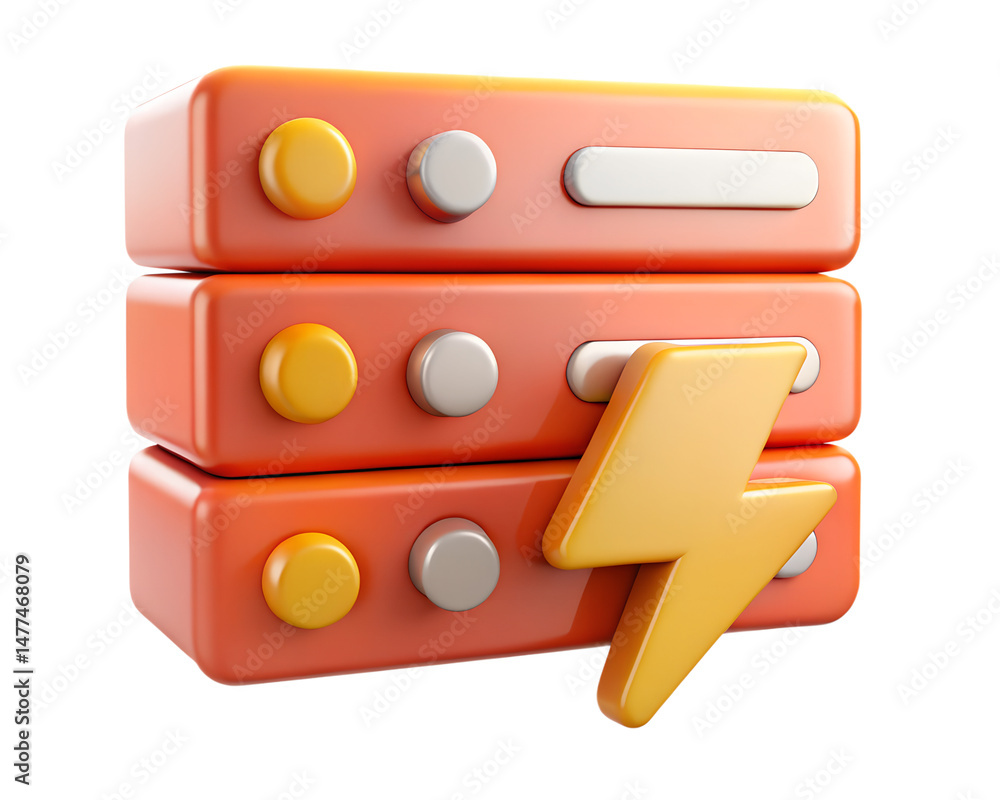 Poster three-dimensional rendering icon of orange data servers stacked with an attached yellow lightning bo