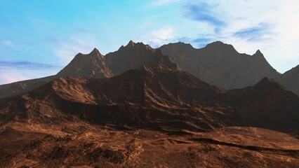 Rocky mountains rising on a red desert planet under a blue sky