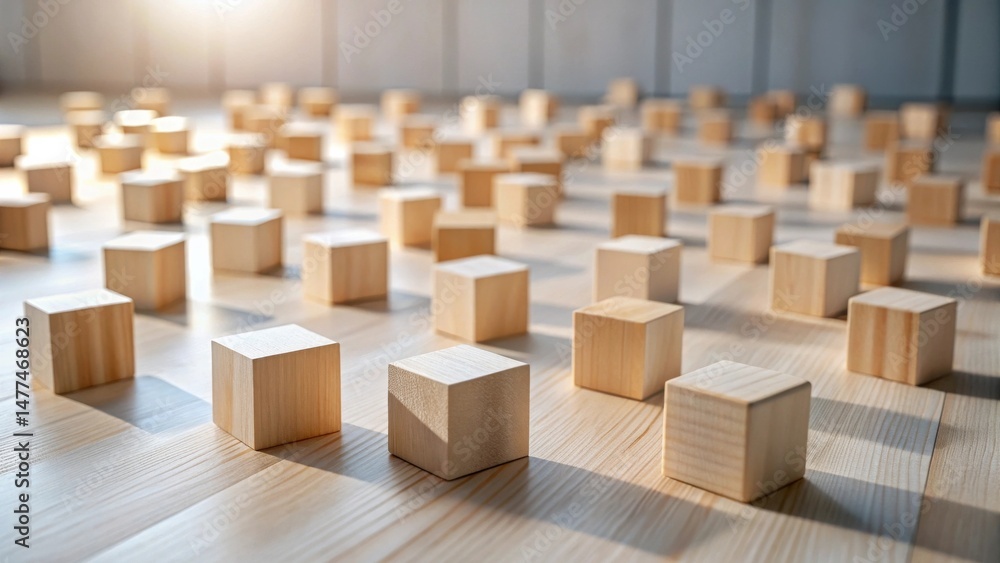 Poster illuminated wooden cubes arranged on light wood surface representing structure and order