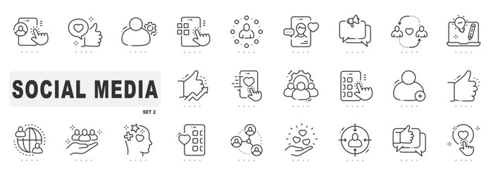 Set of social media related line icons. Like, post, chat etc. Editable stroke. Set 2