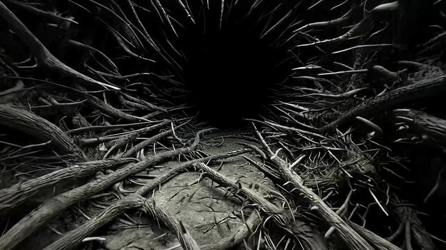 Dark, thorny branches form a tunnel leading to a black abyss. Eerie, mysterious atmosphere