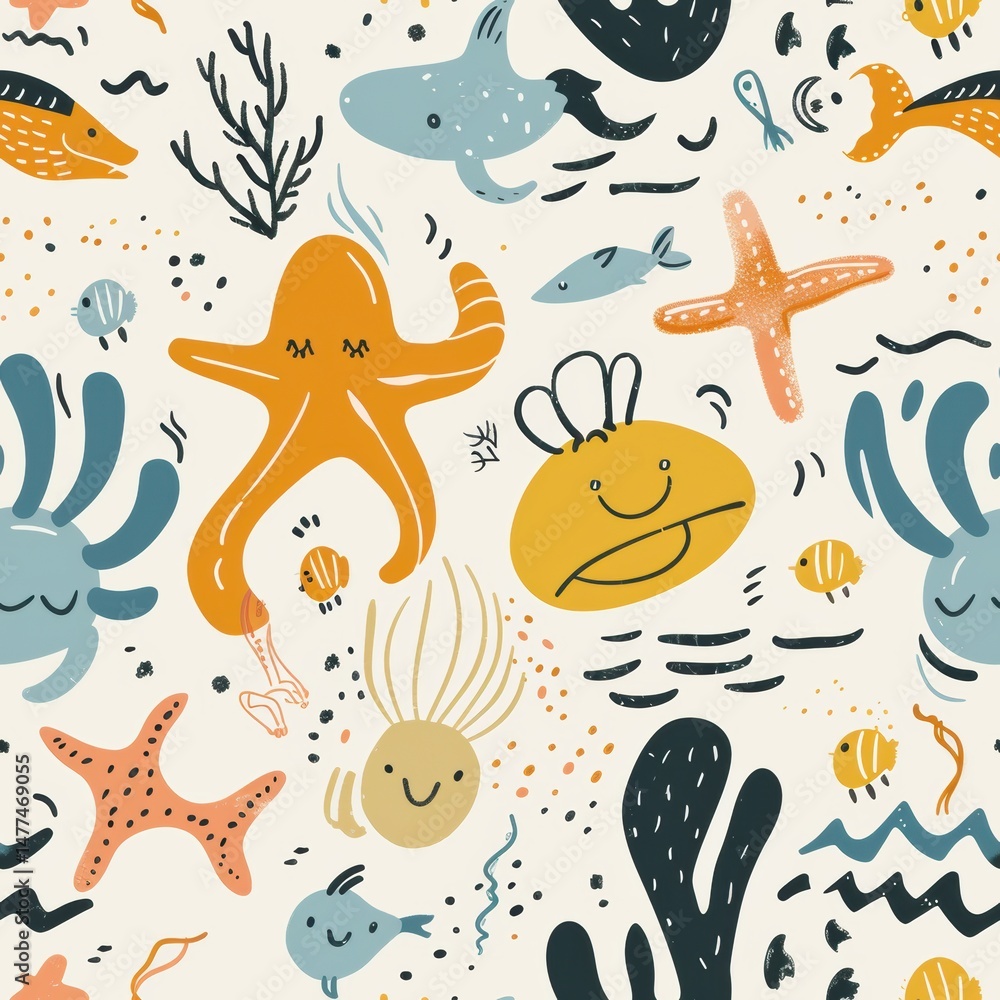 Poster seamless repeating minimal pattern of abstract marine animal doodles and wave lines, soft color pale
