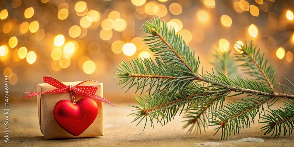 Poster a festive gift wrapped in brown paper with a red heart ornament and evergreen branch against a golde