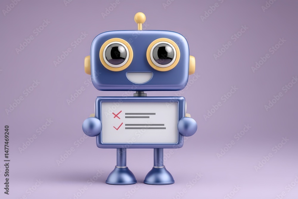 Poster cheerful blue robot holding a checklist demonstrating task completion amidst playful design elements