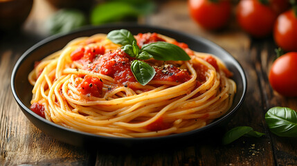 Delicious Spaghetti with Tomato Sauce and Fresh Basil on Wooden Table