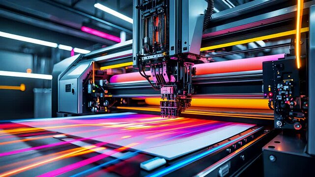 High-Speed Industrial Printing Press in Action with Colorful Sheets
