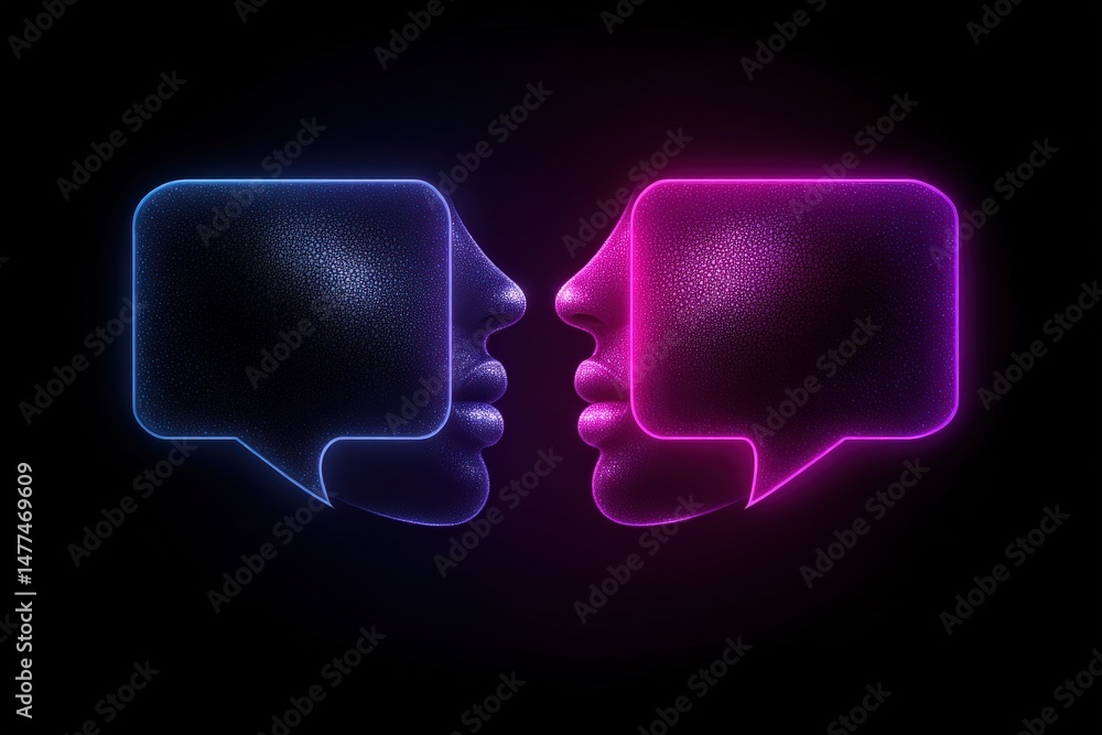 Poster dynamic visual representation of conversation between two abstract figures highlighted in contrastin