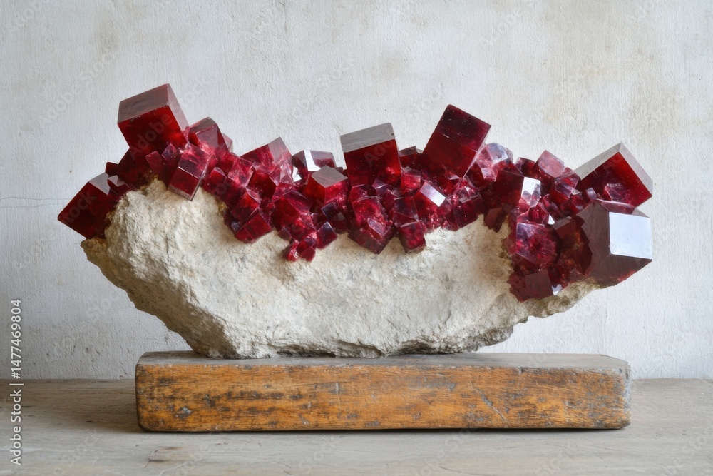 Aufkleber vanadinite mineral specimen on matrix close up still life display on wooden block stand