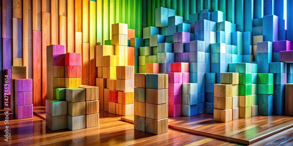 Poster A vibrant arrangement of colorful wooden blocks forming abstract structures against a backdrop of multicolored wood planks.