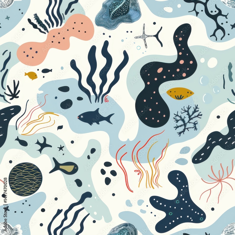 Poster seamless repeating minimal pattern of abstract marine animal doodles and wave lines, soft color pale