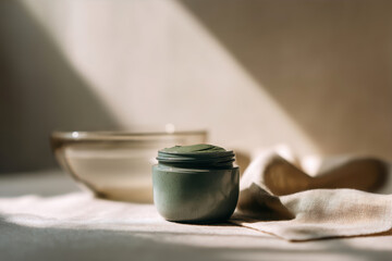 Natural skincare jar in a serene setting