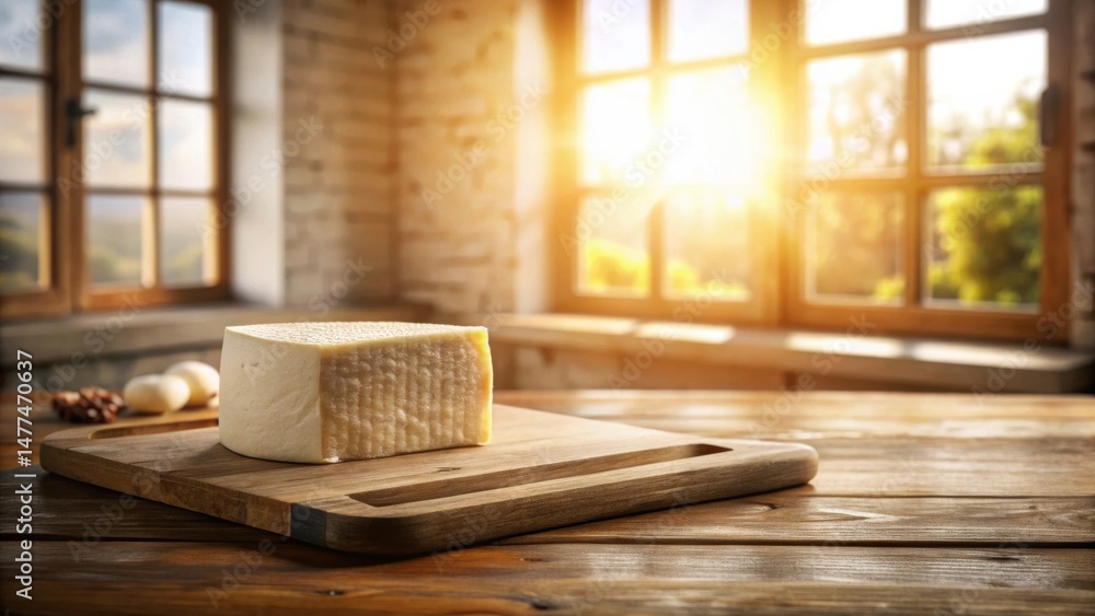 Poster rustic kitchen scene featuring a block of cheese on a wooden cutting board, bathed in warm sunlight 