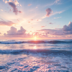 The sun dips gracefully towards the horizon, casting a beautiful palette of hues across the vast ocean, as waves crash gently on the shore, painting a serene and captivating seascape.