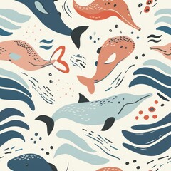 Obraz premium seamless repeating minimal pattern of abstract marine animal doodles and wave lines, soft color palette