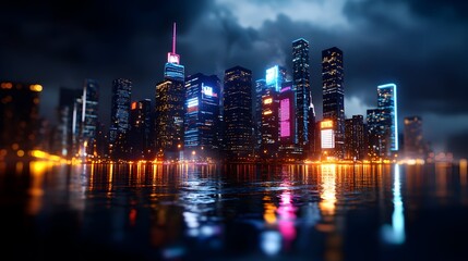 Fototapeta premium Futuristic Neon Cyberpunk City Skyline Reflecting on the Water With Vibrant Colors and Dramatic Lighting at Night Showcasing Modern Architecture