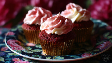 Three delicious violent velvet cupcakes with pink frosting, perfect for a sweet-smelling treat.