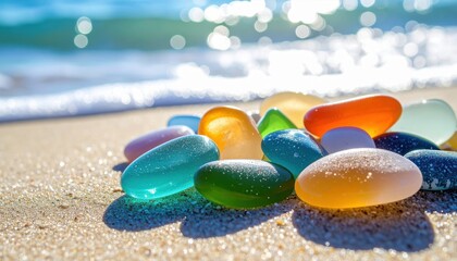 Sea Glass Jewels: A vibrant collection of multicolored sea glass pebbles, polished smooth by the ocean's embrace, basks in the sunlight on a sandy beach.