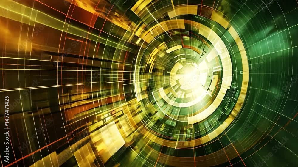 Poster vibrant abstract digital background with concentric circles and geometric patterns in motion, showca