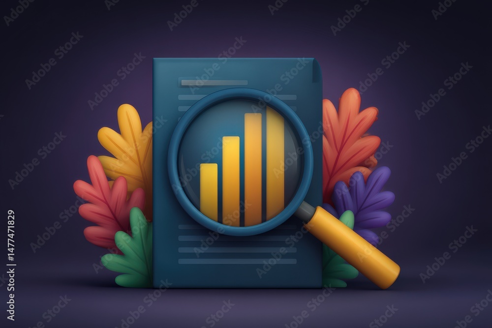 Aufkleber Vibrant analysis of data trends showcased through a magnifying glass emphasizing growth and research elements surrounded by colorful foliage creating an engaging and informative backdrop
