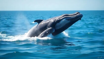 Fototapeta premium Gray whale breaches off California on World Oceans Day, dolphins nearby. Sunlit blue water sparkles. Barnacles texture the whale. Celebrate ocean life, created with generative ai