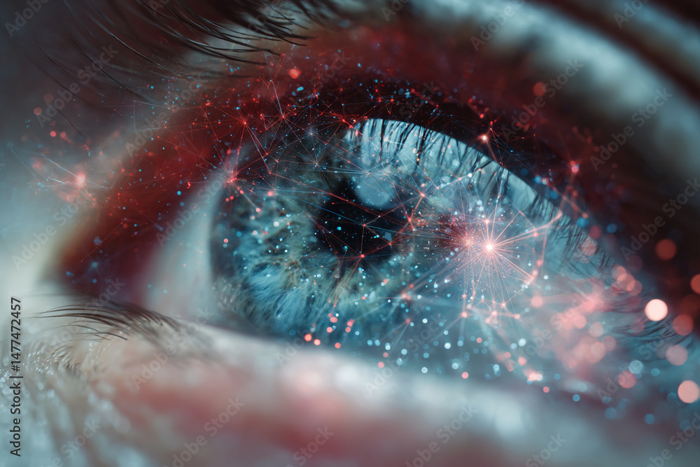 Poster close-up of eye with red and blue light network, creating a connection concept. symbolizes digital w