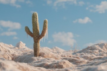 Lone cactus standing resilient in a frozen desert landscape under a bright blue sky