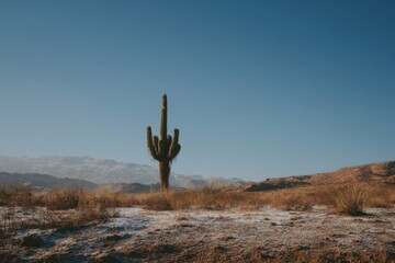 Lone cactus stands resilient in the frozen desert landscape under a clear blue sky during winter